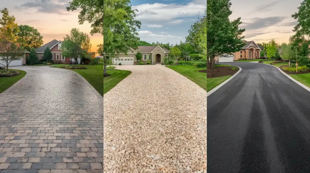 Eco-friendly driveway materials including permeable pavers, gravel, and recycled asphalt in a green suburban setting.